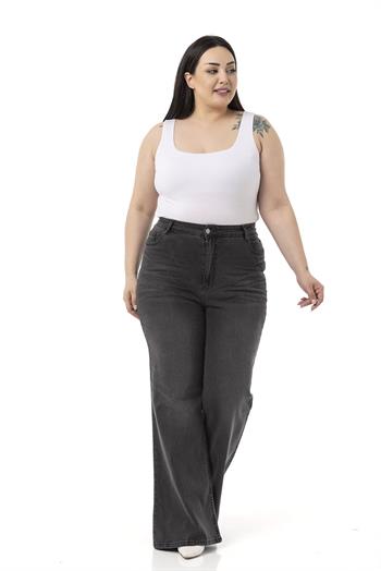 Plus Size Front Crochet High Waist Flared Anthracite Denim Trousers