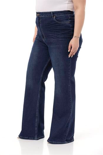 Plus Size Front Crochet High Waist Flared Navy Blue Denim Trousers