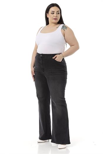 Plus Size Front Crochet High Waist Flared Black Denim Trousers