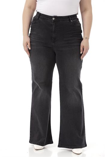 Plus Size Front Crochet High Waist Flared Black Denim Trousers