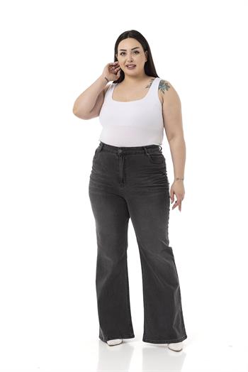 Plus Size Front Crochet High Waist Flared Anthracite Denim Trousers