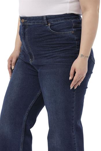 Plus Size Front Crochet High Waist Flared Navy Blue Denim Trousers