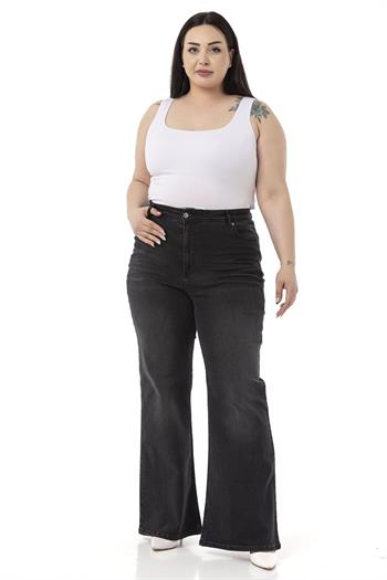 Plus Size Front Crochet High Waist Flared Black Denim Trousers