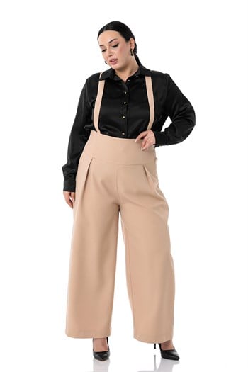 Büyük Beden Önü Pileli Beli Arkadan Gipe Lastikli Askılı Bol Paça Double Bej Pantolon