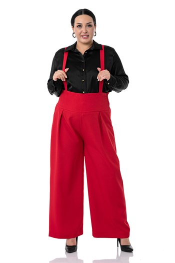Plus Size Pleated Front Waist Waist Elastic Strap Wide Leg Double Red Trousers