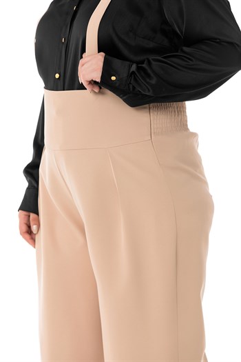 Plus Size Pleated Front Waist Waist Elastic Strap Wide Leg Double Beige Trousers