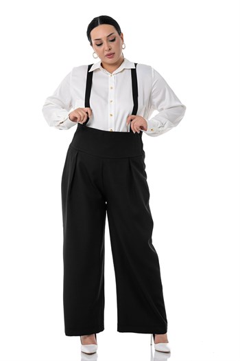 Büyük Beden Önü Pileli Beli Arkadan Gipe Lastikli Askılı Bol Paça Double Siyah Pantolon