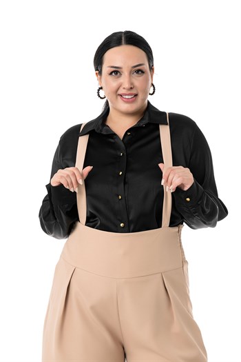 Plus Size Pleated Front Waist Waist Elastic Strap Wide Leg Double Beige Trousers