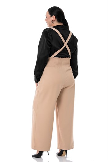Plus Size Pleated Front Waist Waist Elastic Strap Wide Leg Double Beige Trousers