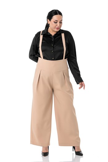 Plus Size Pleated Front Waist Waist Elastic Strap Wide Leg Double Beige Trousers