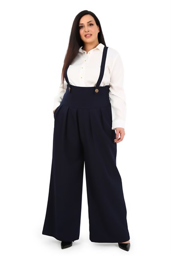 Plus Size Pleated Front Pocket Suspender Button Detailed Wide Leg Navy Blue Trousers