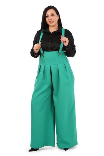 Plus Size Pleated Front Pocket Suspender Button Detailed Wide Leg Green Trousers