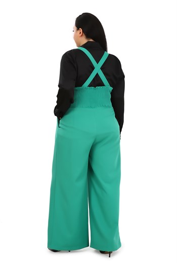 Plus Size Pleated Front Pocket Suspender Button Detailed Wide Leg Green Trousers
