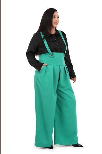 Plus Size Pleated Front Pocket Suspender Button Detailed Wide Leg Green Trousers