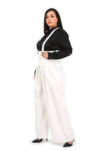 Plus Size Pleated Front Pocket Suspender Button Detailed Wide Leg White Trousers