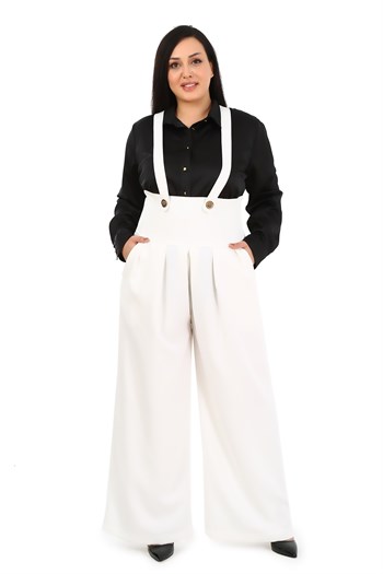 Plus Size Pleated Front Pocket Suspender Button Detailed Wide Leg White Trousers