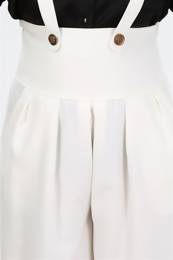 Plus Size Pleated Front Pocket Suspender Button Detailed Wide Leg White Trousers