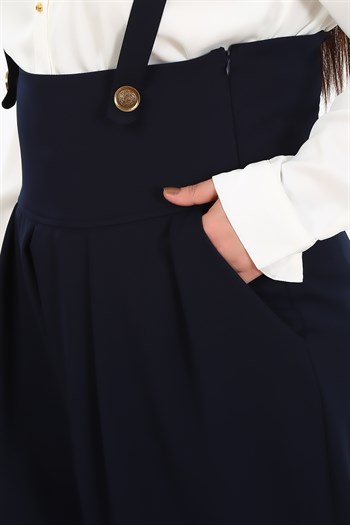 Plus Size Pleated Front Pocket Suspender Button Detailed Wide Leg Navy Blue Trousers