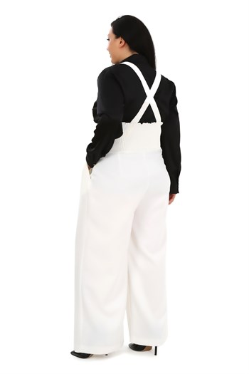 Plus Size Pleated Front Pocket Suspender Button Detailed Wide Leg White Trousers
