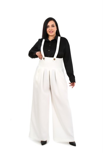 Büyük Beden Önü Pileli Cepli Askılı Düğme Detaylı Bol Paça Beyaz Pantolon