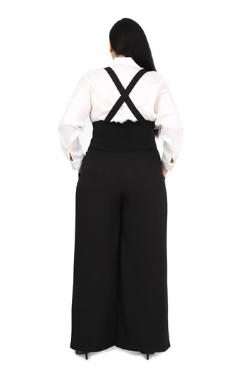 Plus Size Pleated Front Pocket Suspender Button Detailed Wide Leg Black Trousers