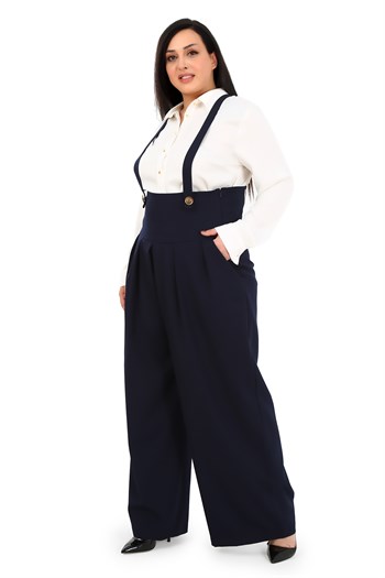Plus Size Pleated Front Pocket Suspender Button Detailed Wide Leg Navy Blue Trousers