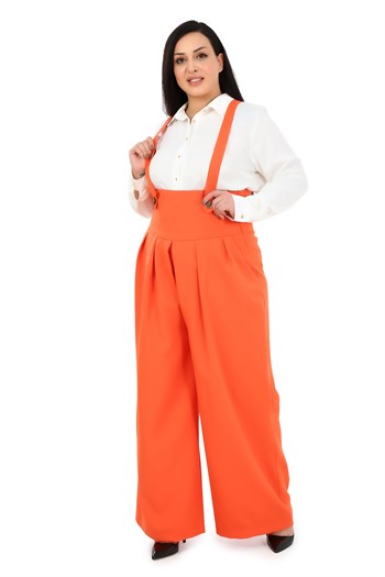 Plus Size Pleated Front Pocket Suspender Button Detailed Wide Leg Orange Trousers
