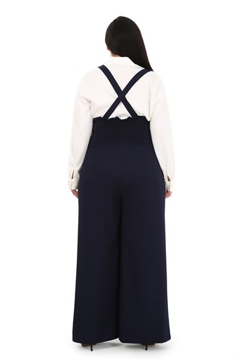 Plus Size Pleated Front Pocket Suspender Button Detailed Wide Leg Navy Blue Trousers
