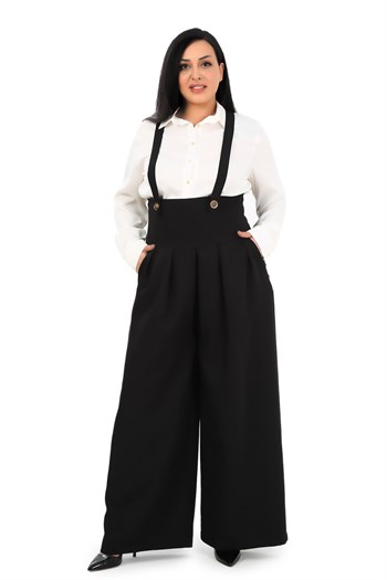 Plus Size Pleated Front Pocket Suspender Button Detailed Wide Leg Black Trousers