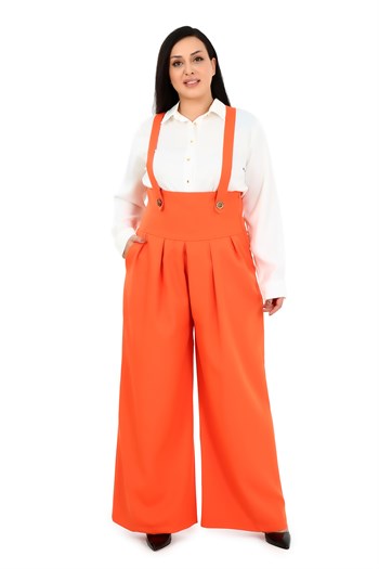 Plus Size Pleated Front Pocket Suspender Button Detailed Wide Leg Orange Trousers