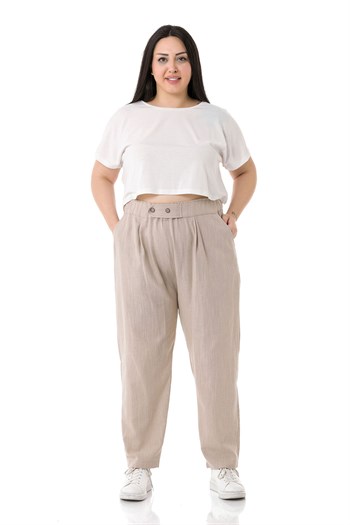 Plus Size Front Pleated Pocketed Linen Beige Trousers