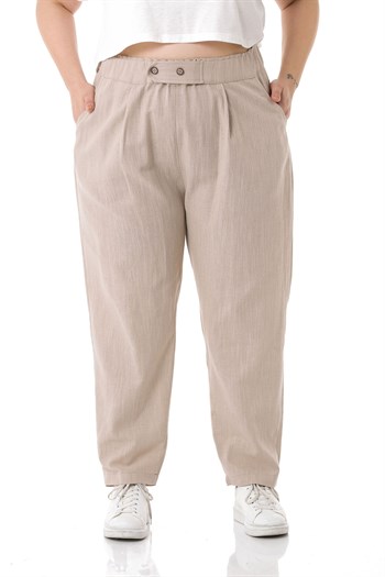 Plus Size Front Pleated Pocketed Linen Beige Trousers