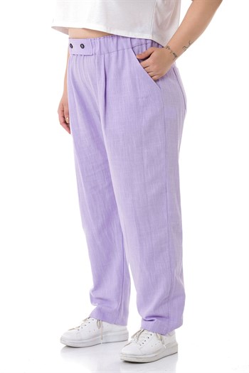 Plus Size Front Pleated Pocketed Linen Lilac Trousers
