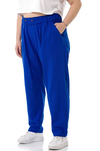 Plus Size Front Pleated Pocketed Linen İndigo Trousers