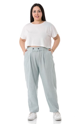 Plus Size Front Pleated Pocketed Linen Water Green Trousers