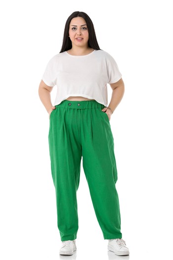 Plus Size Front Pleated Pocketed Linen Green Trousers
