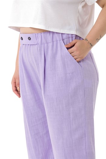 Plus Size Front Pleated Pocketed Linen Lilac Trousers