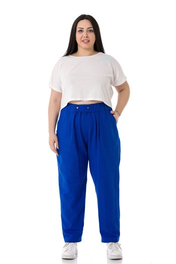Plus Size Front Pleated Pocketed Linen İndigo Trousers