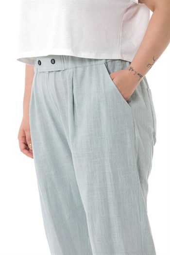 Plus Size Front Pleated Pocketed Linen Water Green Trousers