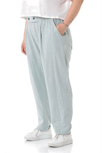 Plus Size Front Pleated Pocketed Linen Water Green Trousers