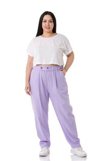 Plus Size Front Pleated Pocketed Linen Lilac Trousers