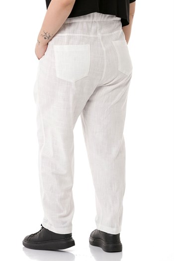 Plus Size Front Pleated Pocketed Linen White Trousers