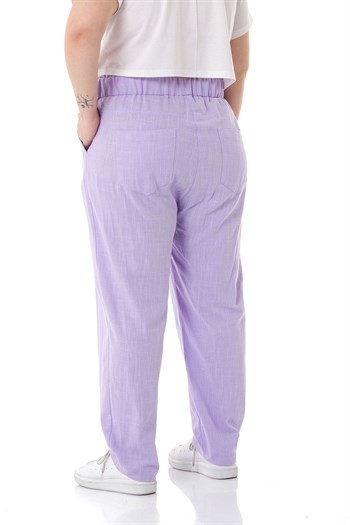 Plus Size Front Pleated Pocketed Linen Lilac Trousers