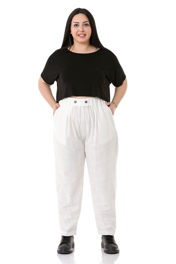 Plus Size Front Pleated Pocketed Linen White Trousers