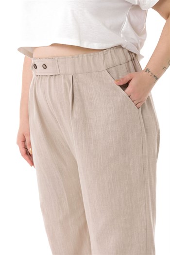Plus Size Front Pleated Pocketed Linen Beige Trousers