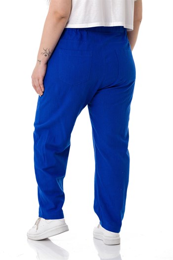 Plus Size Front Pleated Pocketed Linen İndigo Trousers