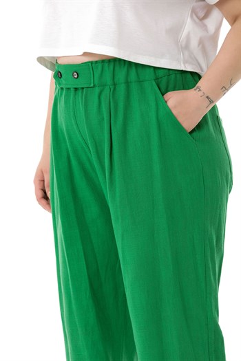 Plus Size Front Pleated Pocketed Linen Green Trousers