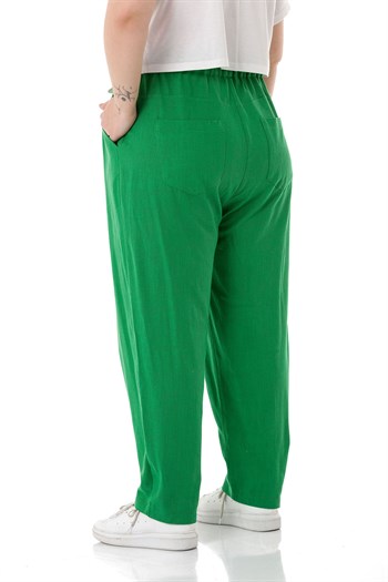 Plus Size Front Pleated Pocketed Linen Green Trousers
