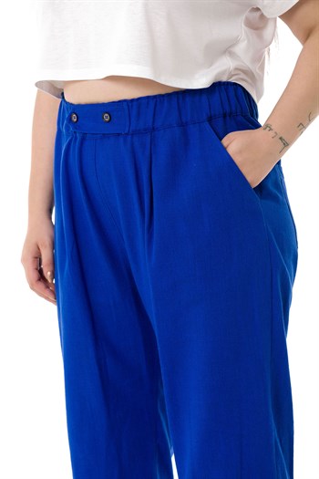 Plus Size Front Pleated Pocketed Linen İndigo Trousers