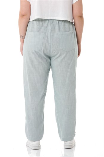 Plus Size Front Pleated Pocketed Linen Water Green Trousers